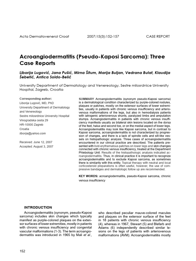 Acroangiodermatitis (PseudoKaposi Three Case Reports PDF
