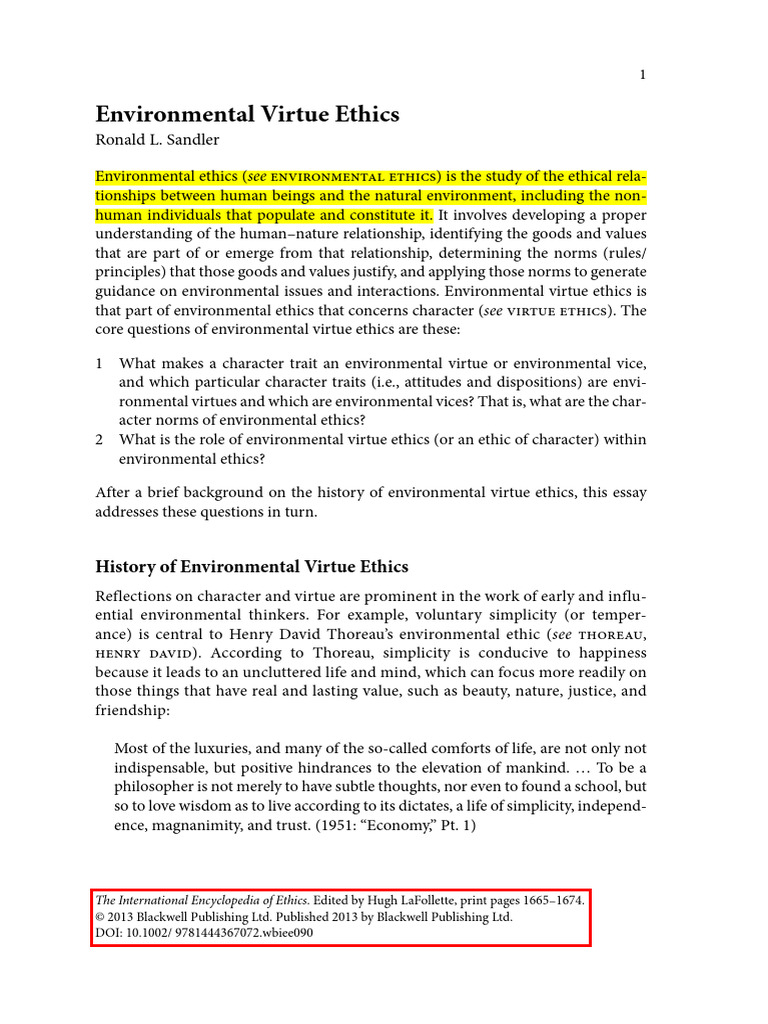 Environmental Virtue Ethics Ronald L Sandler 2013 Pdf