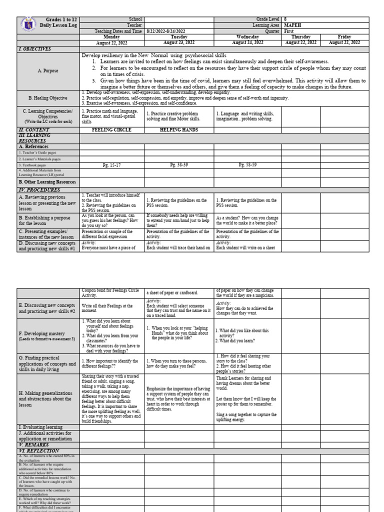 MAPEH Daily Lesson Log for Grade 8 | PDF | Learning | Psychological ...