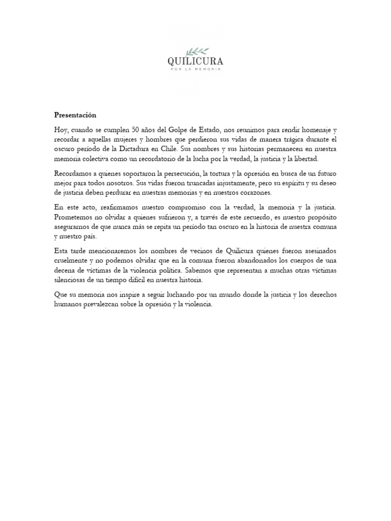 Quilicura Por La Memoria 50 Años PDF Santiago Augusto Pinochet