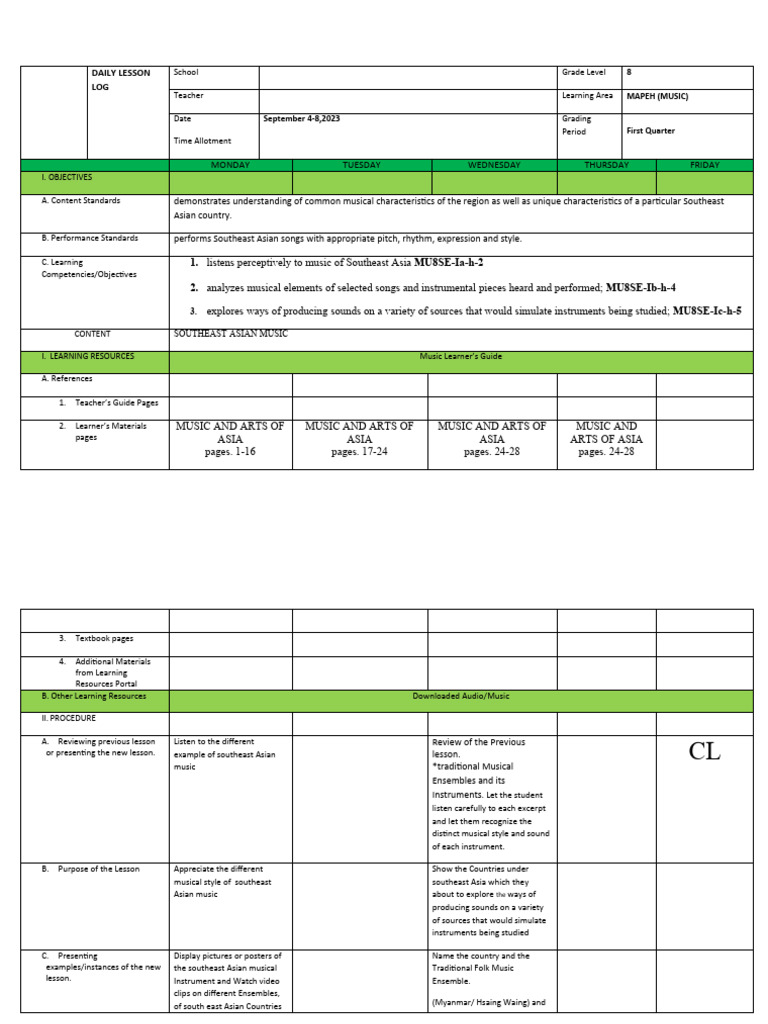 Dll Mapeh 8 1st Quarter Week 2 Music Pdf Southeast Asia