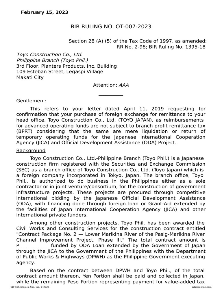 Bir Ruling No. Ot-007-202 | PDF | Taxes | Income Tax