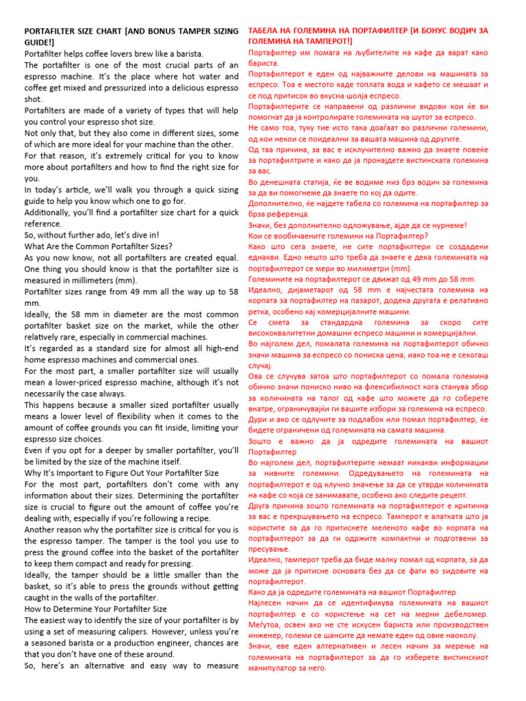 Portafilter Size Chart (And Bonus Tamper Sizing Guide!) PDF