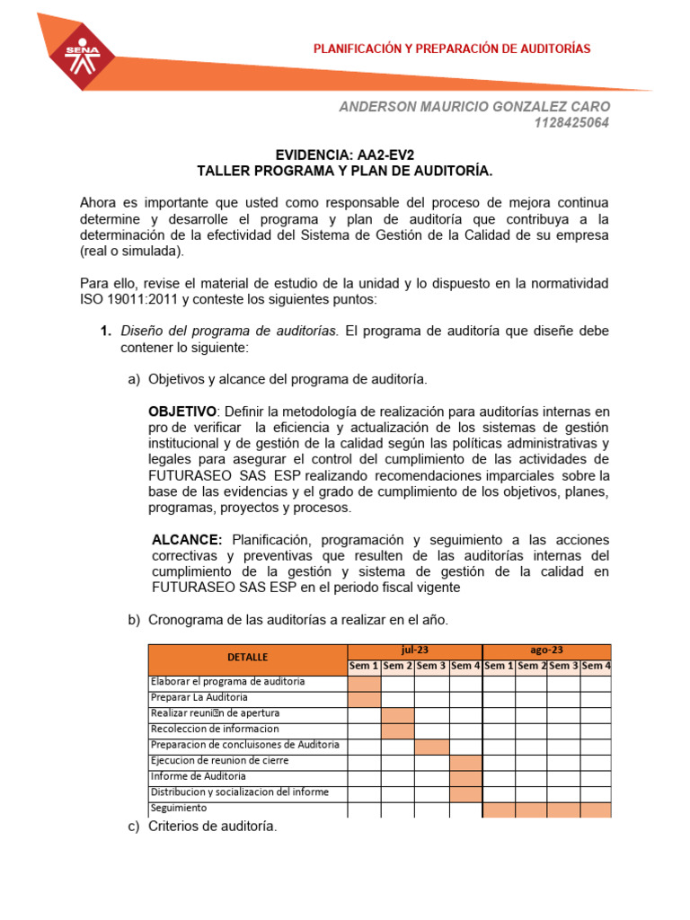 Programa y Plan de Auditoría AA2-EV2 | PDF | Auditoría | Planificación