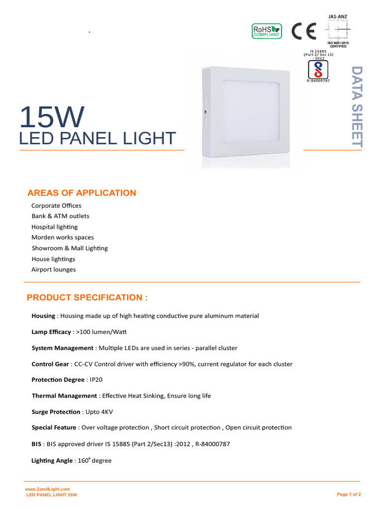 15 W LED Panel Light DS | PDF | Electricity | Physical Sciences
