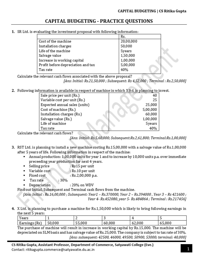 Capital Budgeting Practice Questions | PDF | Net Present Value ...