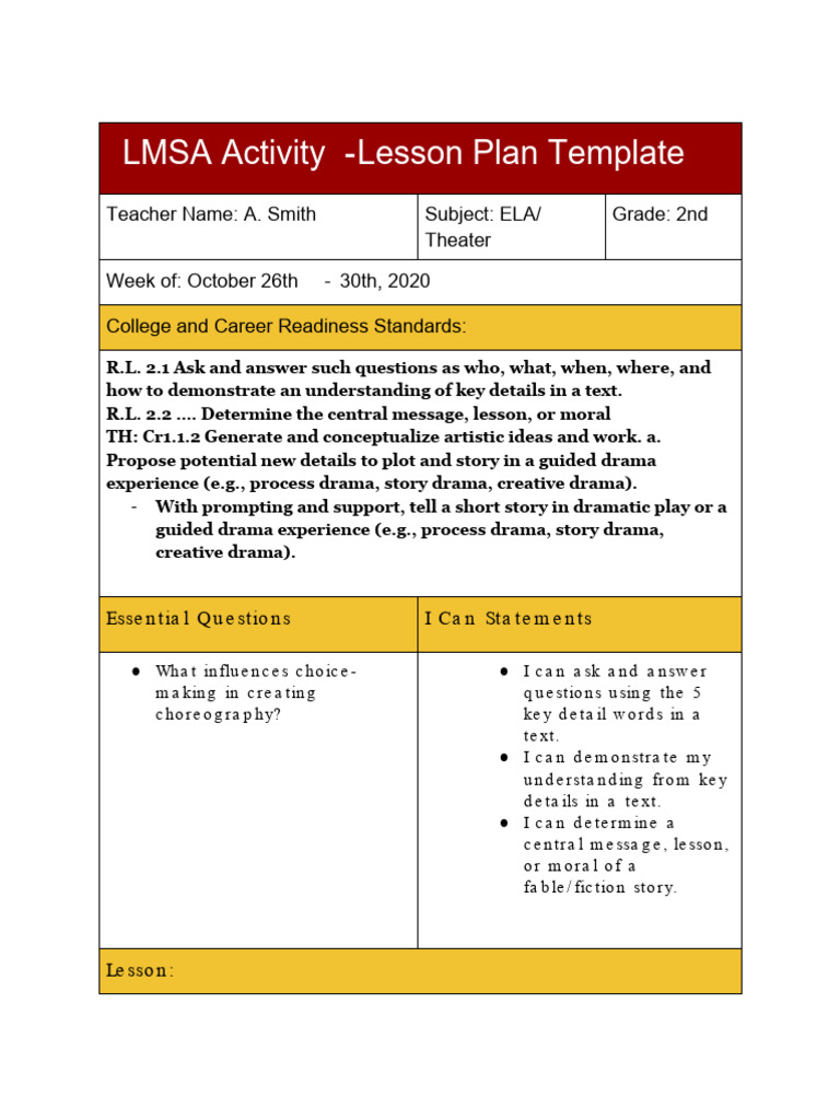 ELA Theater Lesson Plan for 2nd Grade | PDF | Communication | Education ...