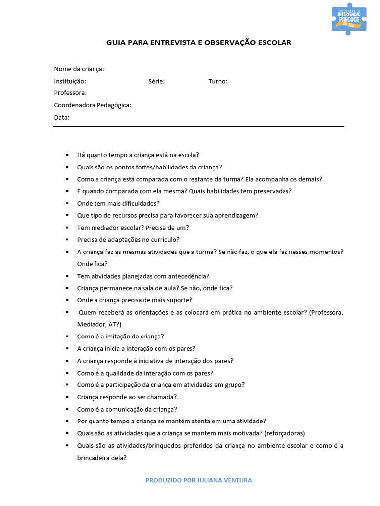 Guia para entrevista e observação escolar | PDF | Pedagogia | Escolas