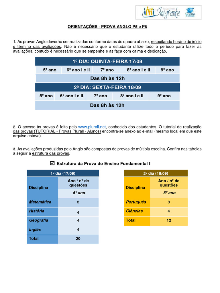 Orientações para Prova Anglo P5 e P6 | PDF