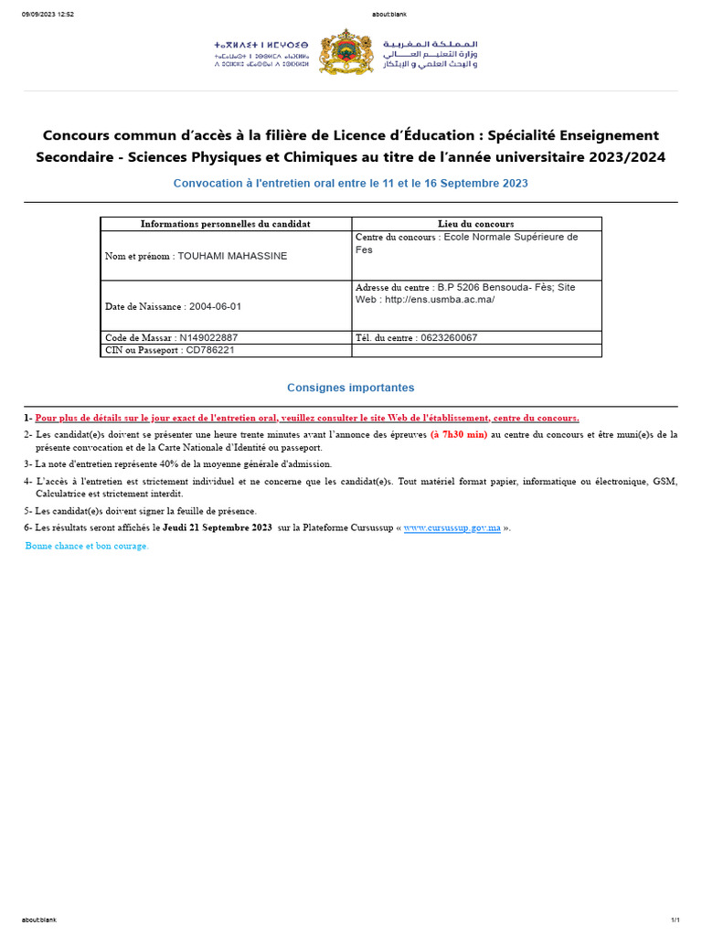Convocation Concours ENS Fès 2023 PDF — free download