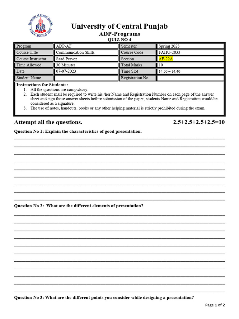 UCP ADP Communication Skills Quiz 4 | PDF