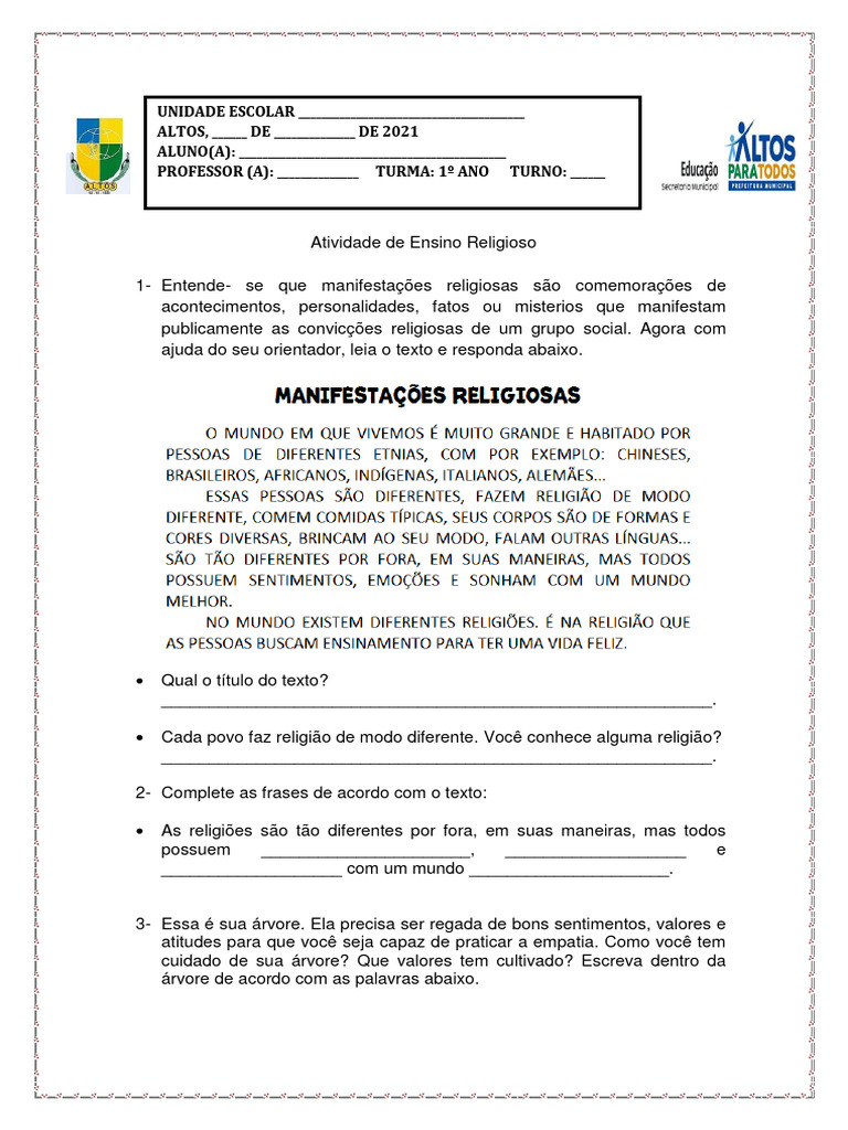 Atividades de Ensino Religioso para 1º Ano | PDF