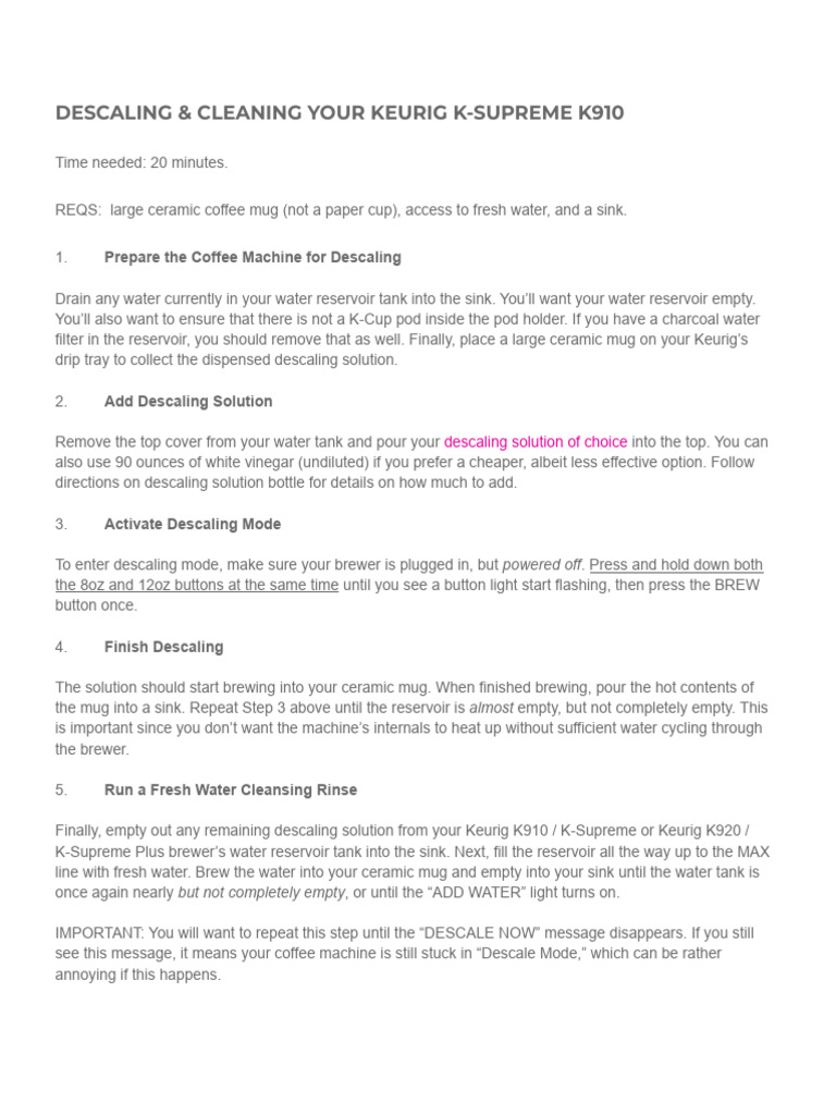 Descaling Instructions for Keurig K910 | PDF
