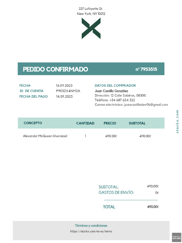 StockX 7953515 Invoice PDF