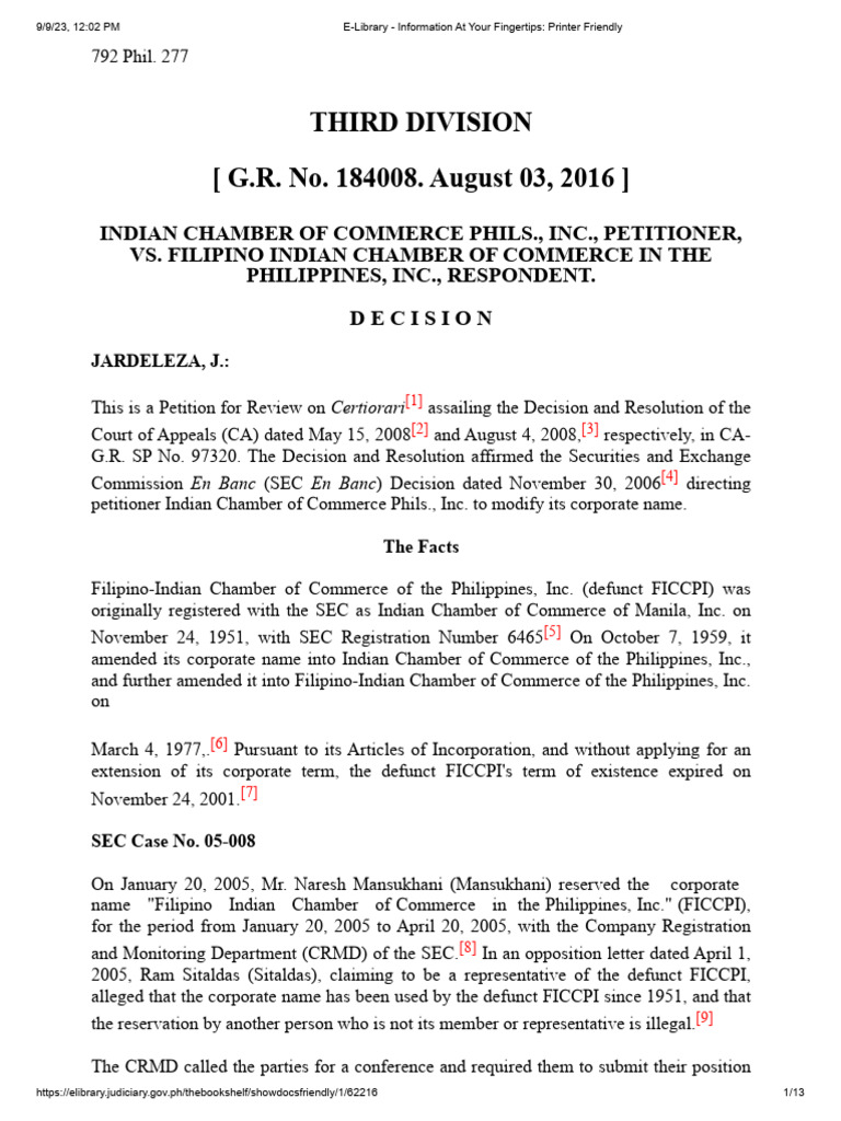 Indian chamber of commerce phils inc petitioner vs filipino