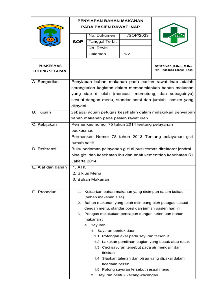 SOP Penyiapan Makanan Pasien Inap | PDF