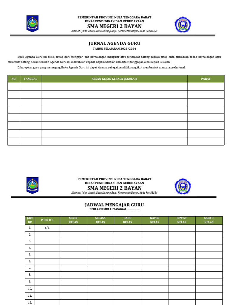 Jurnal Agenda dan Mengajar Guru 2023/2024 | PDF