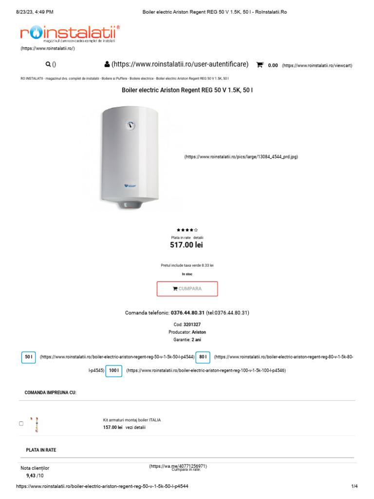 Boiler Electric Ariston Regent REG 50 V 1.5K, 50 L - RoInstalatii | PDF