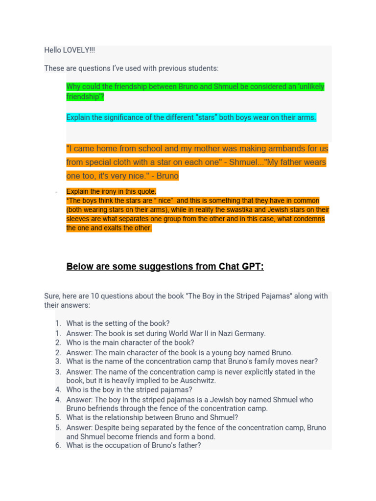 The Boy in The Striped Pajamas Questions PDF