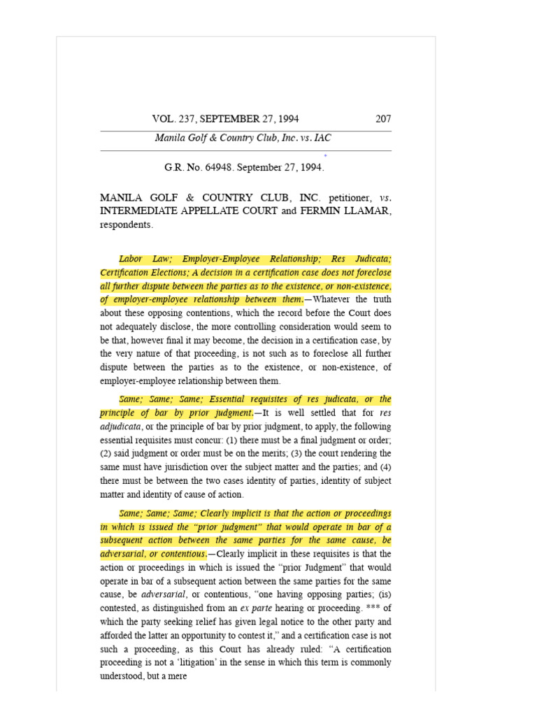 Manila Golf Club Employment Dispute | PDF | Judgment (Law) | Res Judicata