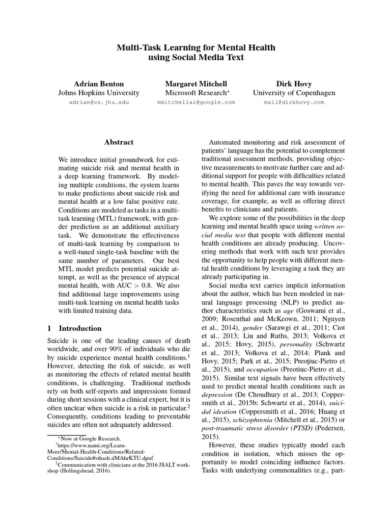 Multi-Task Learning for Suicide Risk Detection | PDF | Mental Disorder ...