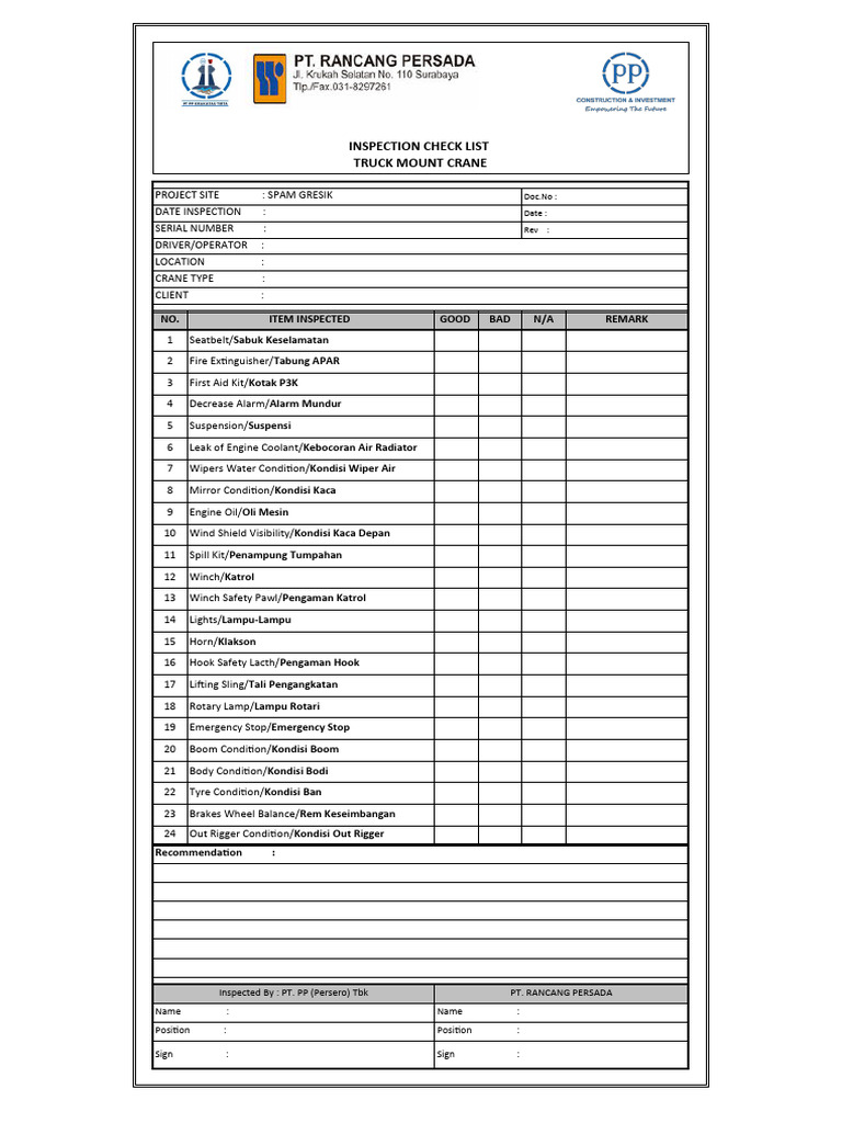 Truck Mount Crane Inspection Form | PDF