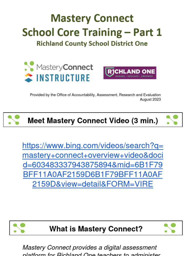 Mastery Connect School Core Training Part 1 For Schools 03AUG2023 PDF Computing