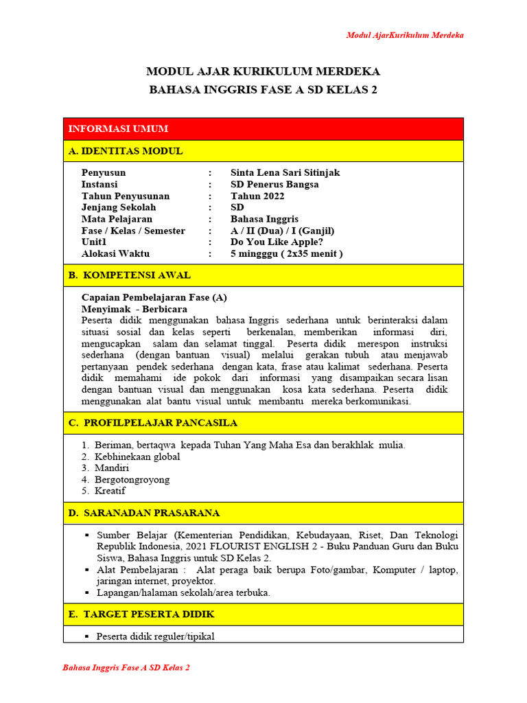 Modul Ajar Kurikulum Merdeka Kelas 2. | PDF