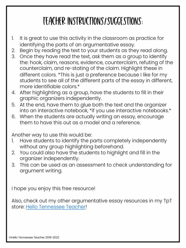 Argumentative Essay Parts Activity | PDF