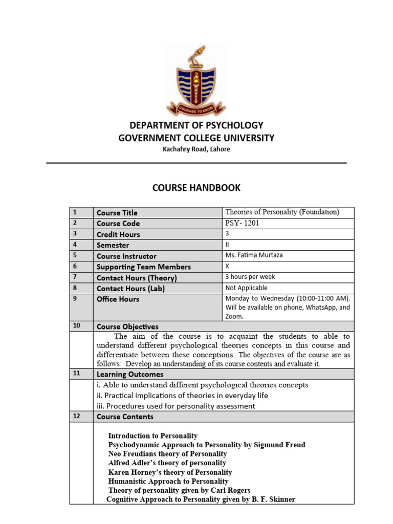 Theories Of Personality Approved Course Handbook Pdf Psychology