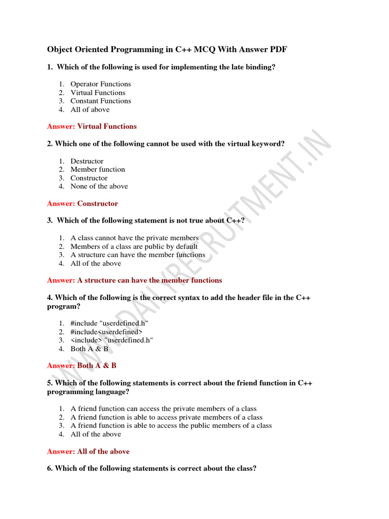 C++ MCQ PDF Class Programming) C++