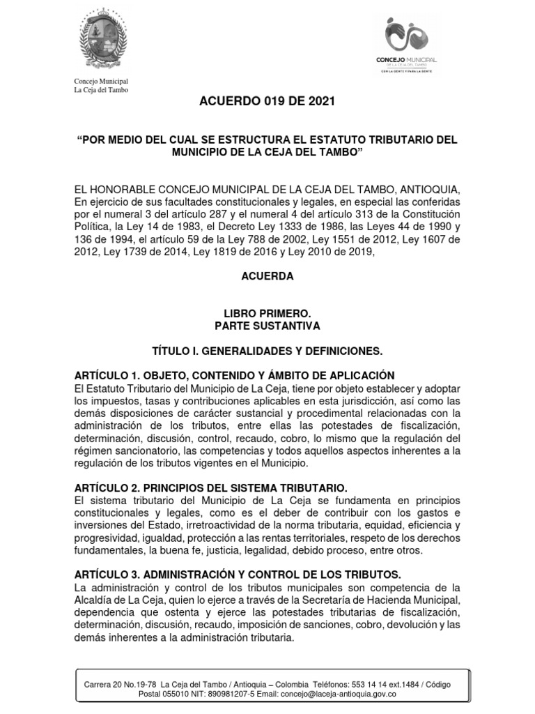 2. Acuerdo 19 Estatuto Tributario PDF Impuestos Agricultura