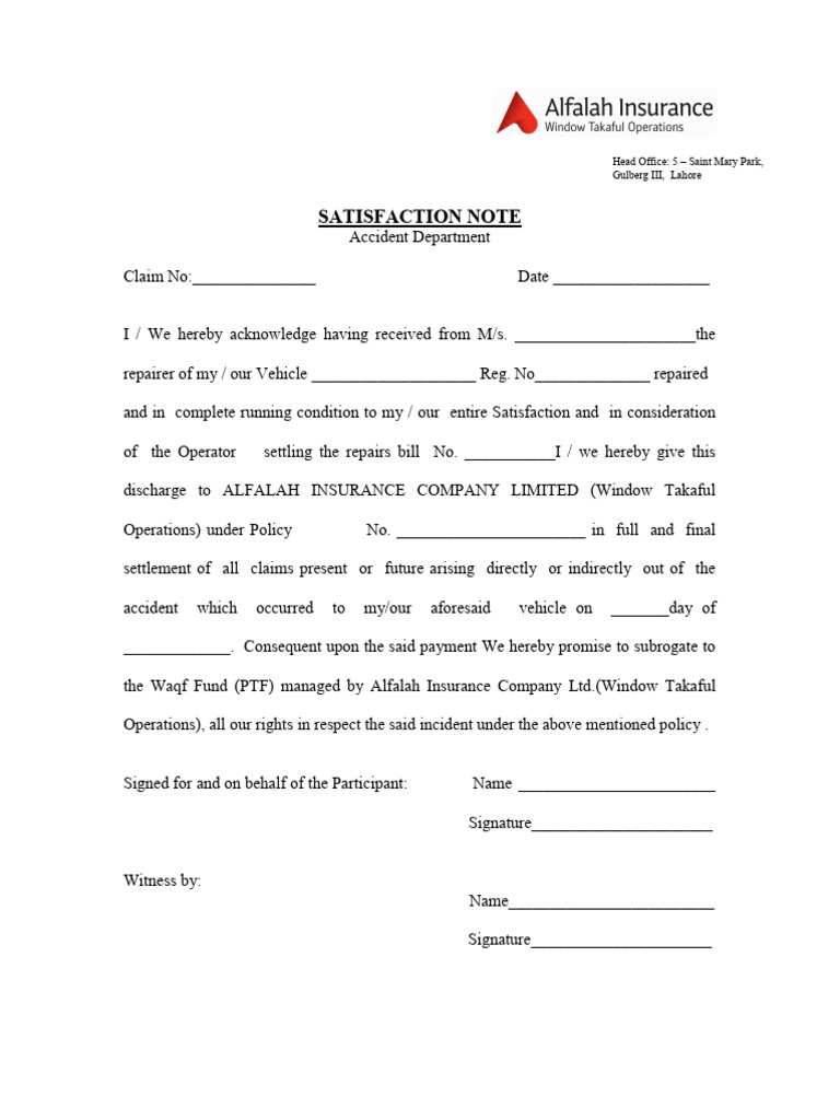 Vehicle Repair Satisfaction Note | PDF