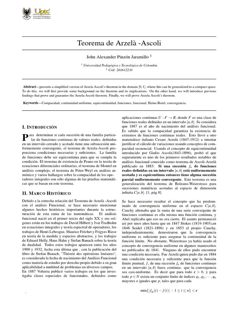 Teorema de Arzela-Ascoli - John Pinzón | PDF | Espacio compacto ...