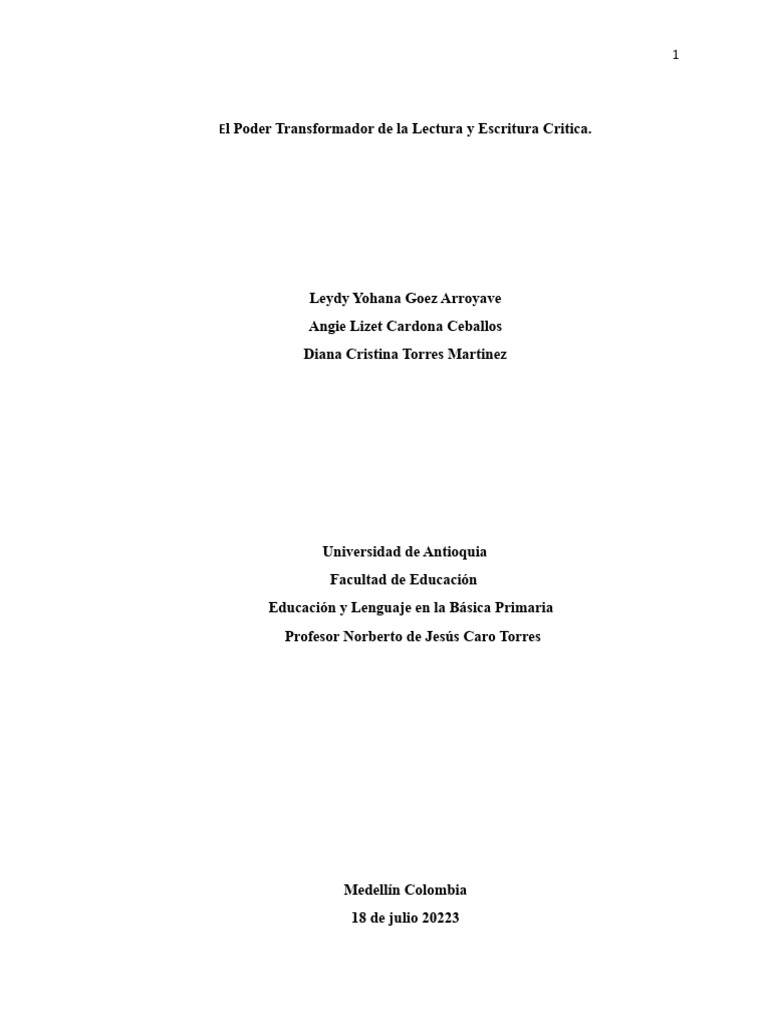 El Poder Transformador de La Lectura y Escritura Critica | PDF ...