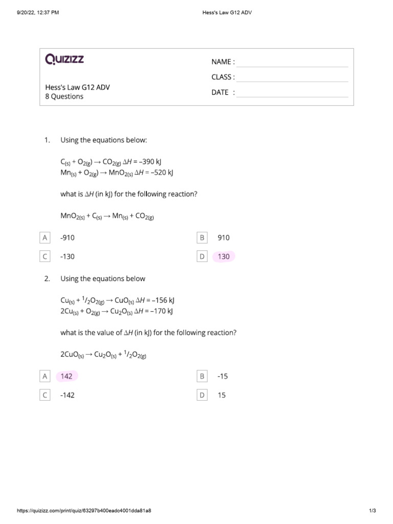 Hess's Law G12 ADV Worksheet PDF