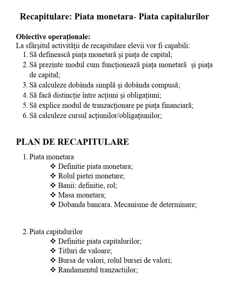 Recapitulare economiePiata capitalurilor PDF
