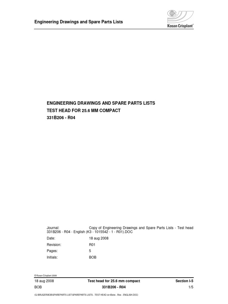 Engineering drawings and spare parts lists test head 331b206 r04