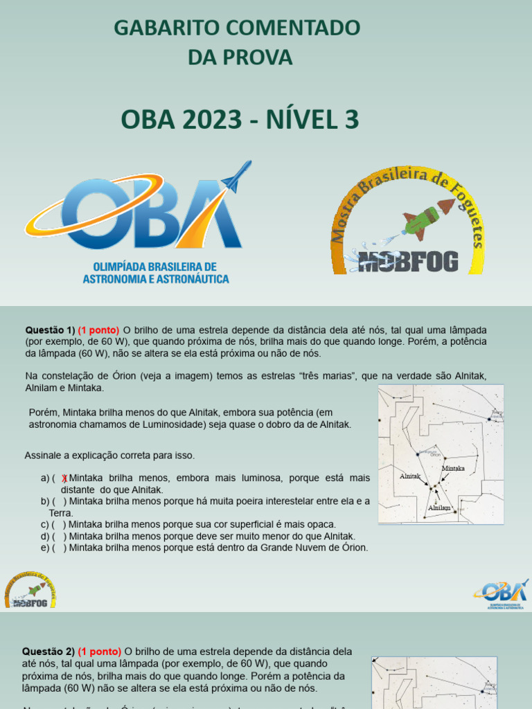 Prova Nivel 3 Da Oba de 2022 - Gabarito Power Point | PDF | Satélite ...