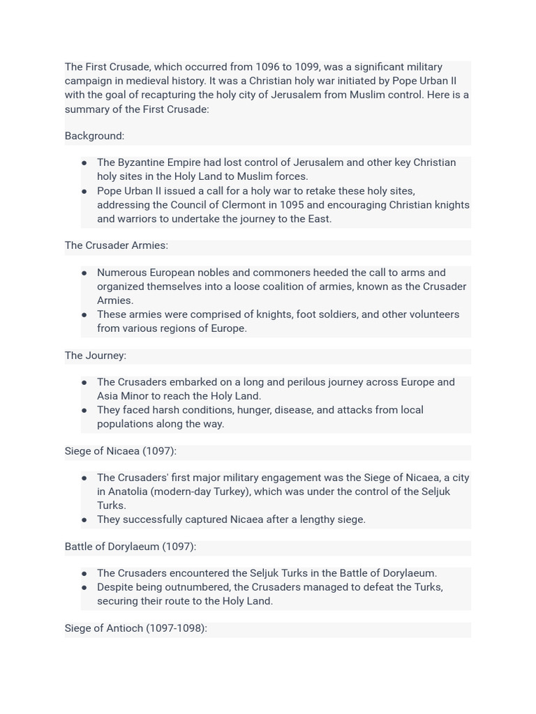 Summary of the First Crusade (1096-1099) | PDF | Crusades | Middle Ages
