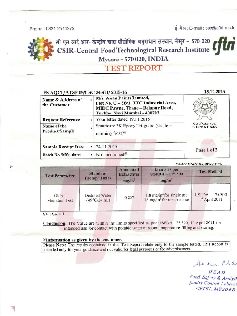TRI Block Epoxy Food Grade Certrificate PDF