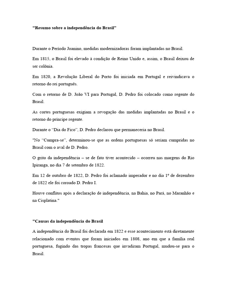 Resumo Sobre A Independência Do Brasil | PDF | Brasil