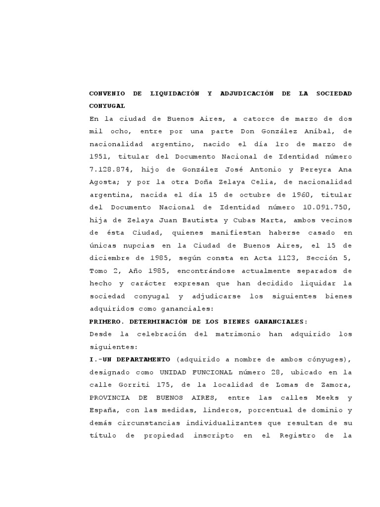 Convenio De Liquidaci n Y Adjudicaci n De La Sociedad Conyugal2 PDF