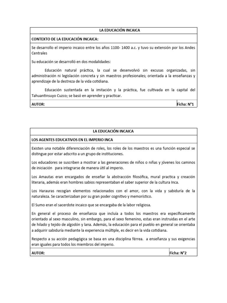 FICHAS DE EDUCACIÓN INCAICA | PDF | Imperio Inca | Aprendizaje