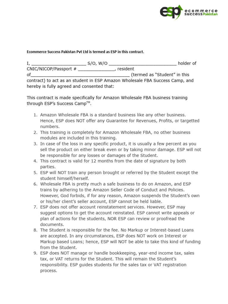 ESP Amazon FBA Training Agreement | PDF | Taxes | Value Added Tax