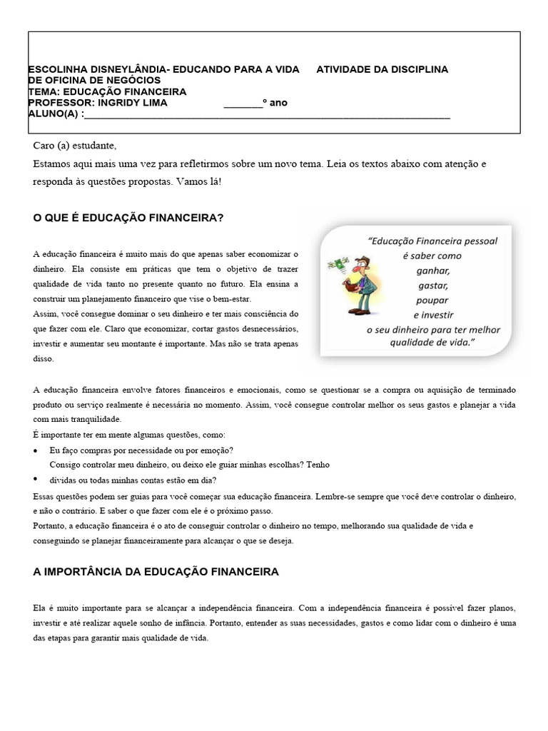 Educação Financeira 6 ANO | PDF | Educação Financeira | Dinheiro