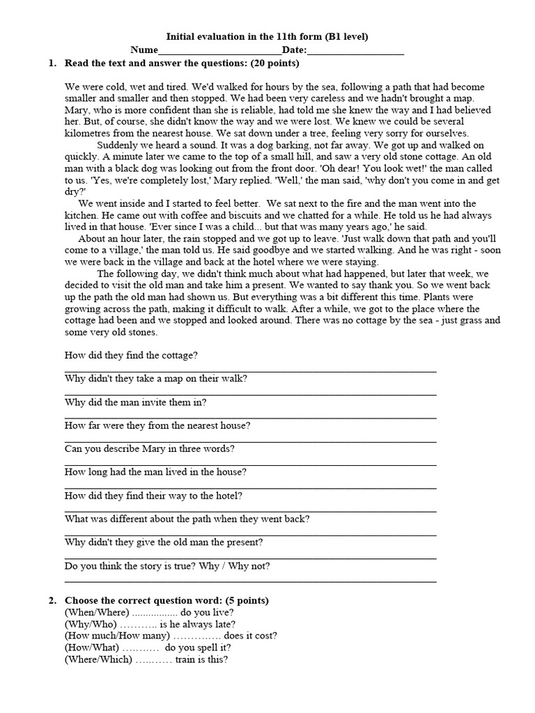 B1 Level 11th Form Evaluation Test | PDF