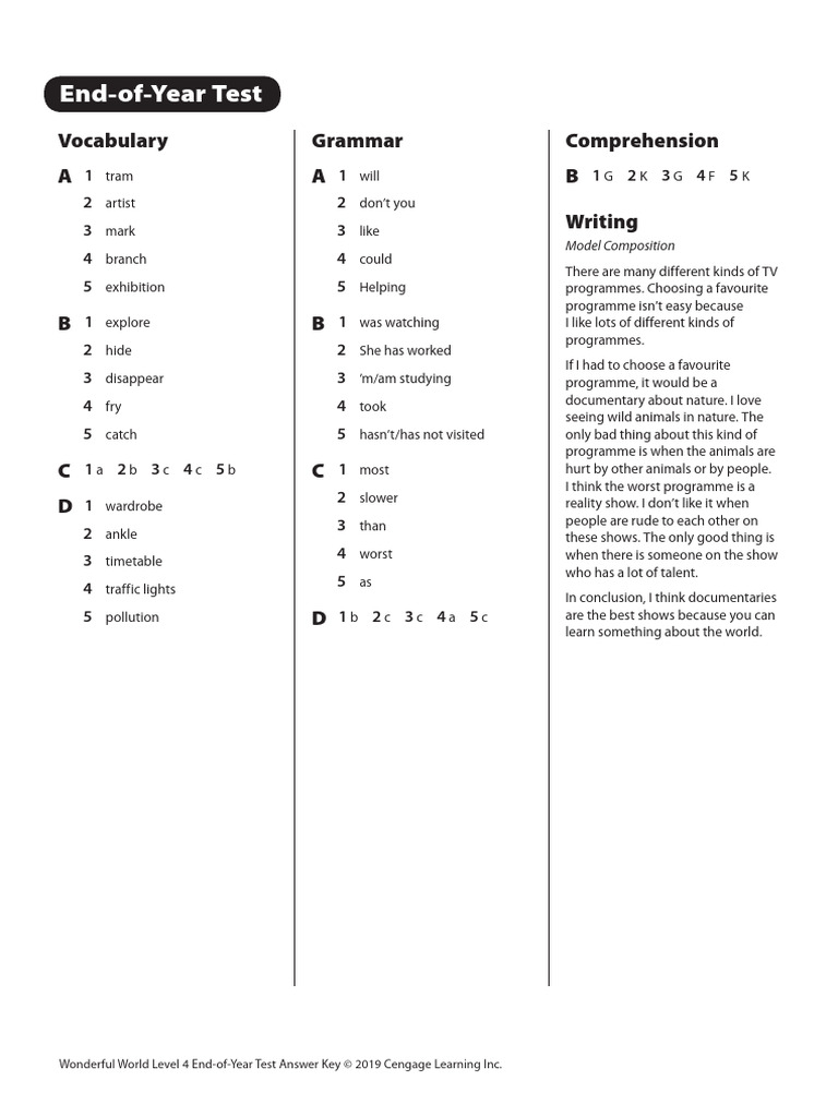 Level 4 Test Answer Key | PDF