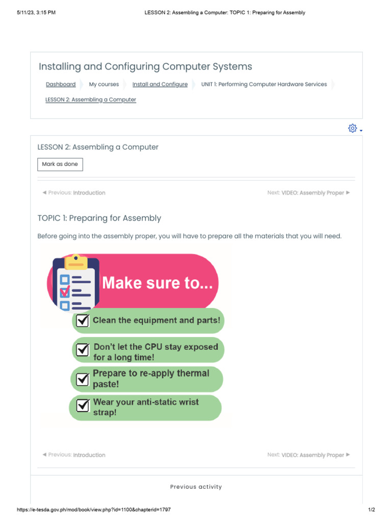 LESSON 2 - Assembling A Computer - TOPIC 1 - Preparing For Assembly | PDF