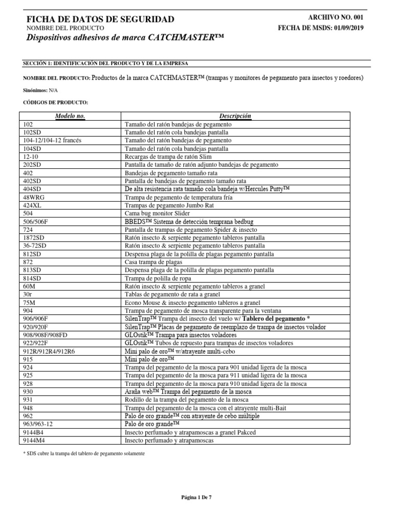 Catchmaster Adhesive Devices Spanish SDS 1919 PDF Agua